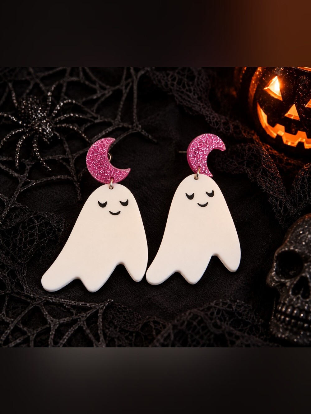 Halloween Ghost Moon Earrings Pink Glitter Spooky